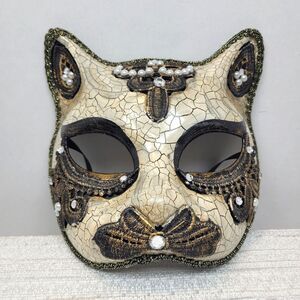 Masquerade Mardi Gras Cat New Orleans Mask With Jewels Handmade 7” x 7”